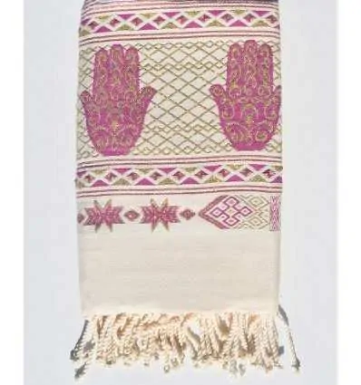 Fouta khomsa blanc crème et rose violet Fouta Tunisia - 1