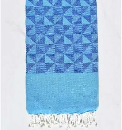 Fouta jacquard géométrique bleu et bleu céruléen Fouta Tunisia - 1