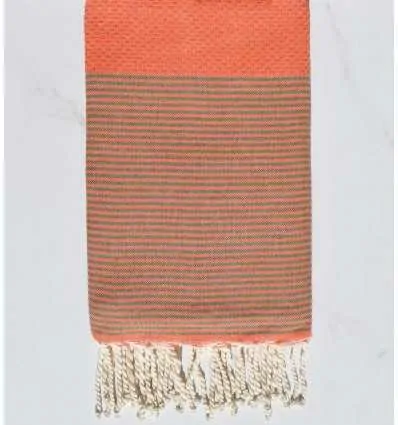 Serviette de plage nid d'abeille orange rayée vert militaire Fouta Tunisia - 1