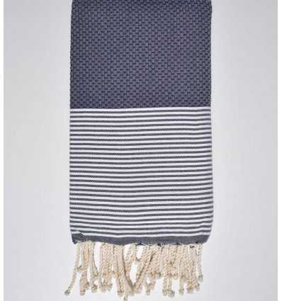 Fouta nid d'abeille bleu marine avec rayures  - 1