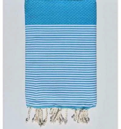 Fouta nid d'abeille bleu azur rayée blanc Fouta Tunisia - 1