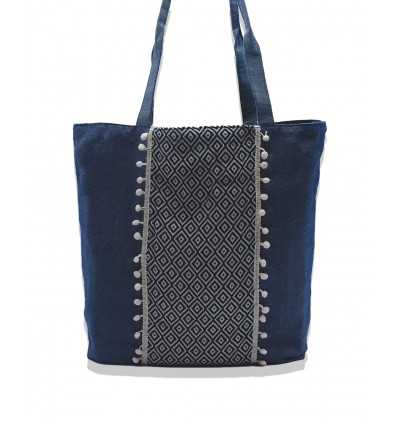 Sac Saint Tropez bleu jean avec motifs bleu nuit et pompons rose bébé Fouta Tunisia - 1