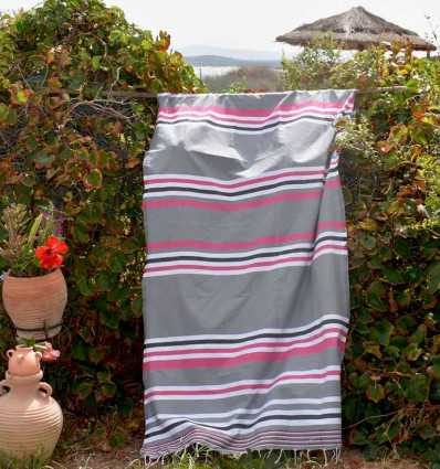 Fouta dina gris rayée rose, blanc et gris noir