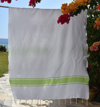 Fouta en Coton Recyclé blanche avec bandes vert anis Fouta Tunisia - 1