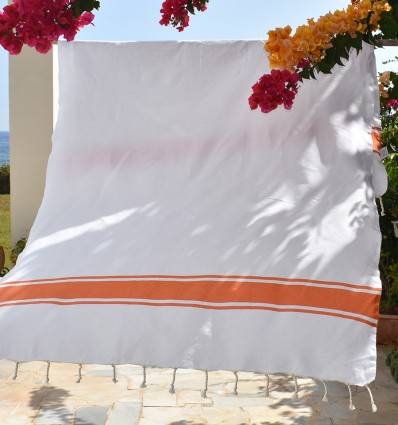 Fouta en Coton Recyclé blanche avec bandes orange Fouta Tunisia - 1