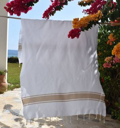 Fouta en Coton Recyclé blanche avec bandes beige Fouta Tunisia - 1