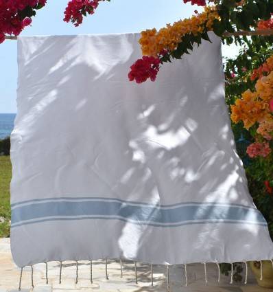 Fouta plate blanche bandes bleu ciel Fouta Tunisia - 1