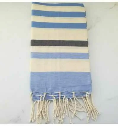 Fouta bleu, gris anthracite et blanc crème 