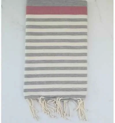 Fouta rose, gris et blanc crème 