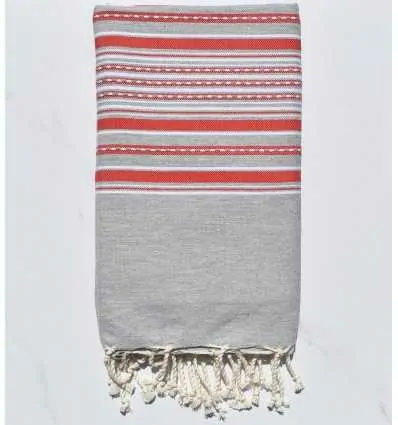 Fouta arabesque gris clair avec rayures rouge 