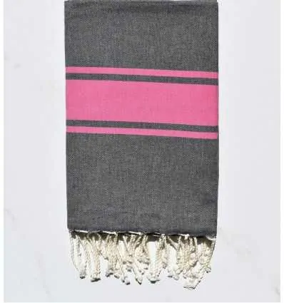 Fouta plate gris foncé avec bandes rose 