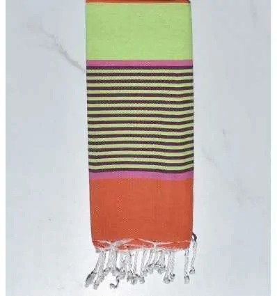 Fouta enfant vert clair, rose,magenta foncé et orange corail Fouta Tunisia - 1